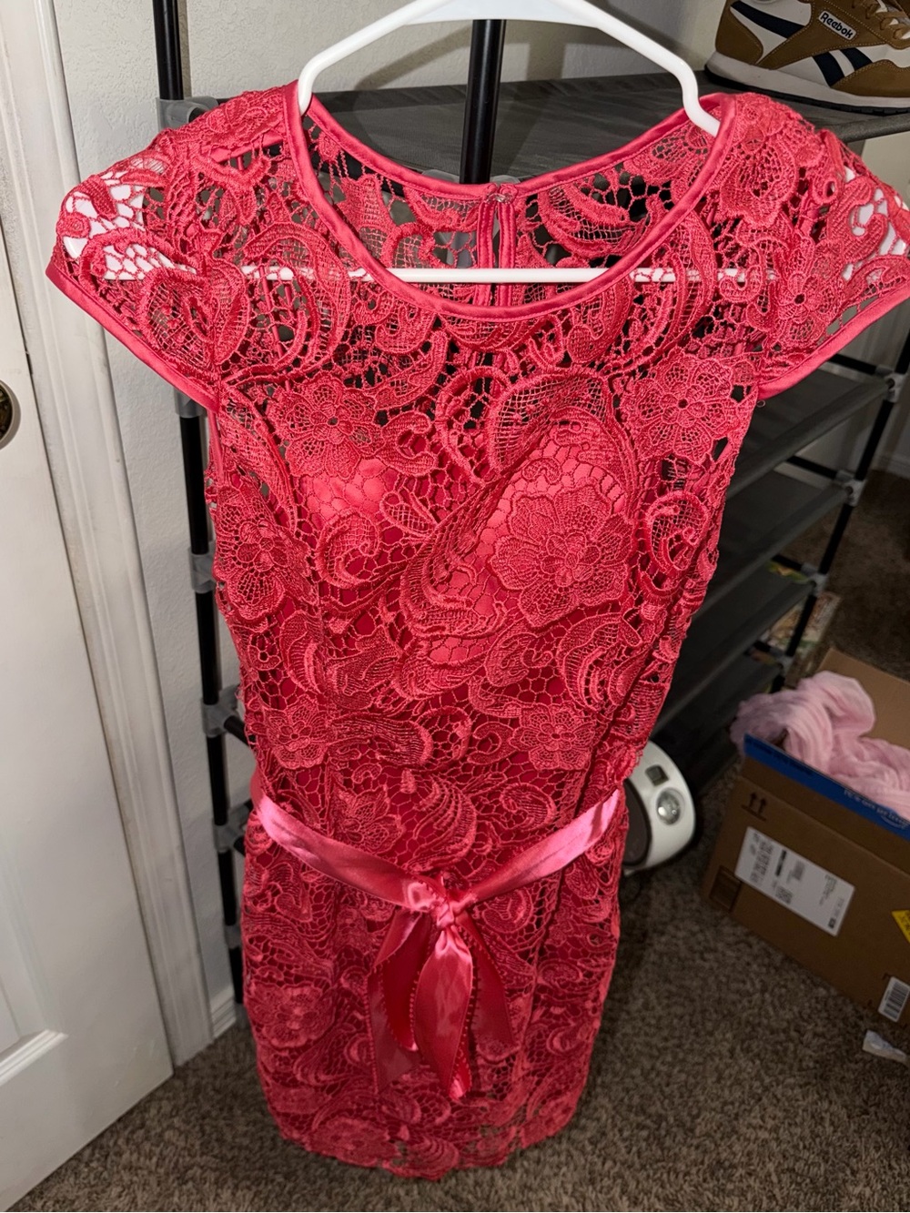Adrianna Papell Coral Lace Overlay Midi Dress with Satin Tie